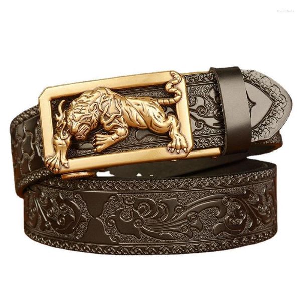 Ceintures mode tigre motif métal boucle automatique ceinture en cuir véritable pour hommes haut d'affaires peau de vache de haute qualité