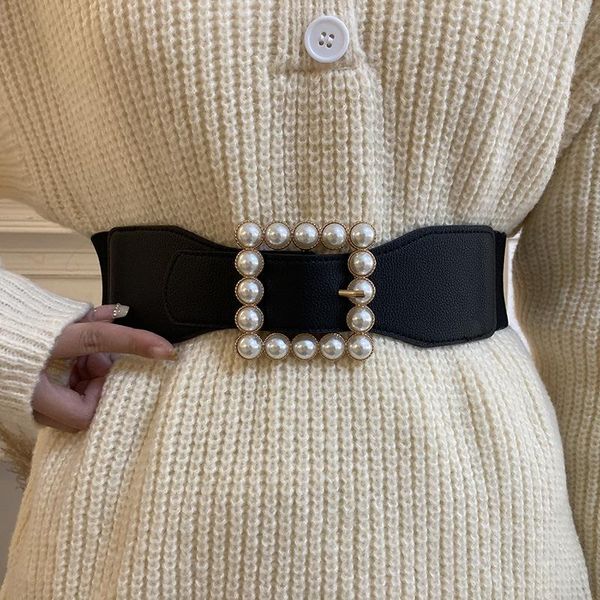 Cinturones de la moda cintura de moda para mujeres estiramiento sólido ancho cummerbunds vestidos de novia adornar dama perla pasador de oro regalos