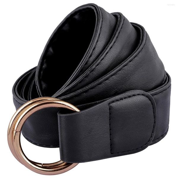 Ceintures mode femmes ceinture Double anneau rond boucle en cuir noir femmes longue ceinture PU taille pour robes pantalons