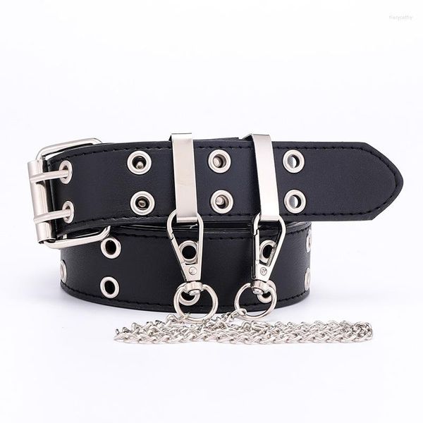 Cinturones Moda Mujeres Punk Cadena Cinturón Ajustable Metal Negro Doble Pecho Simulación Cintura De Cuero Para Jeans Accesorio De Ropa