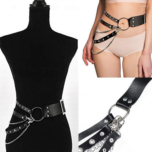 Cinturones de moda para mujer, cinturón de cadena Punk, ajustable, negro, doble ojal, hebilla de Metal, cinturón de cuero para hombre, abrigo vaquero, vestido