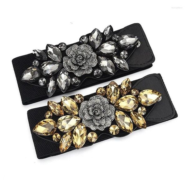 Cinturones de moda para mujer, accesorios de cubierta de cintura ancha, cadena elástica, cinturón de flores Vintage, decoración de diamantes de imitación