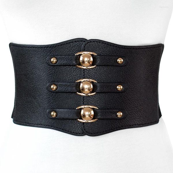 Cinturones Moda Mujer Cinturón ancho Diseño de marca Hebilla de metal Cintura elástica Cintos Remache de cuero femenino Ultra