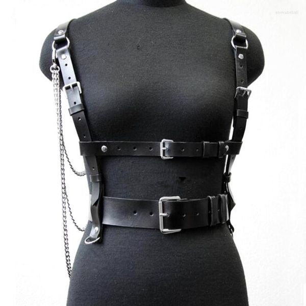 Cinturones de cuero de imitación arnés Punk gótico cuerpo Bondage jaula borla cadena envuelto cintura correas mujeres hombres cinturón tirantes Accesorios