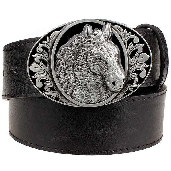 Cinturones Patrón de cabeza de caballo fino Cinturón de cuero negro Estilo vaquero animal Cinturón de jeans para hombres Accesorios de punk rock