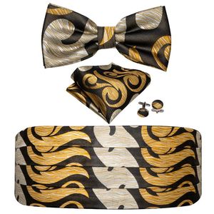Cinturones para hombres Gold Paisley Cummerbund Black Bow Tie Silk Floral Set Pocket Square Gemelos Formal Tuxedo Suit Barry.WangYY-1005Belts
