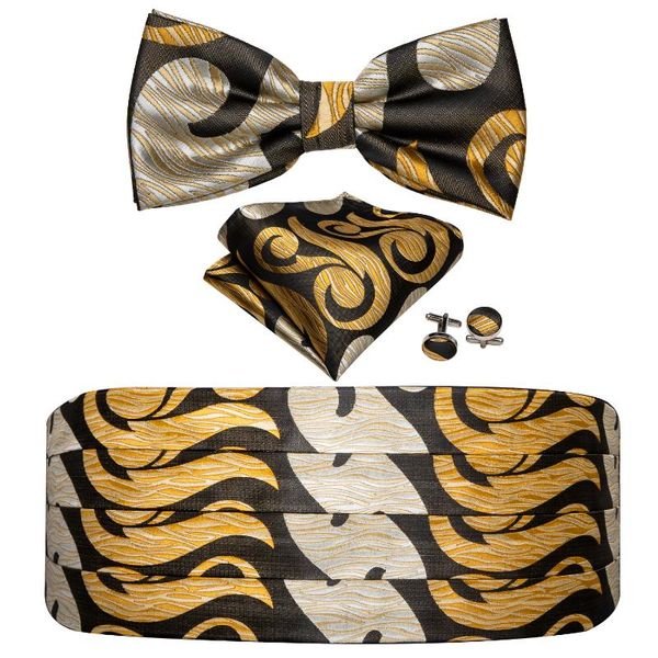 Ceintures pour hommes or Paisley Cummerbund noir noeud papillon en soie ensemble fleuri poche carré bouton de manchette costume de smoking formel Barry.WangYY-1005Belts