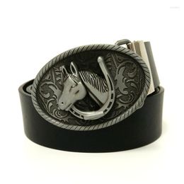 Cinturones para hombres Jeans con estilo occidental Herradura Cabeza de caballo Hebilla de cinturón de vaquero Metal Oval Cuero de PU Diseñador Ceinture Cuir