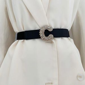 Cinturones para mujer, cinturón elástico de marca de diseñador de lujo, vestido decorativo para mujer, hebilla tipo C con diamantes de imitación, banda selladora de cintura