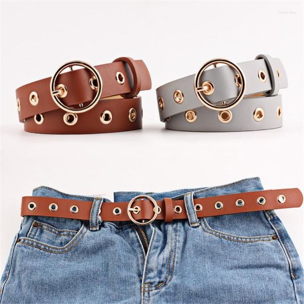 Cinturones Gold Gromment Round Metal O Ring Belt Mujer Negro Rojo Marrón Pu Cintura de cuero para mujeres Jeans Pantalones Eyelet Ceinture FemmeBelts Forb22