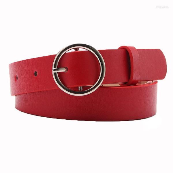 Cinturones Cinturón redondo de metal dorado para mujer, cinturón circular de metal rojo, gris y negro, cintura de cuero PU para mujer, pantalones vaqueros, cinturones al por mayor Emel22