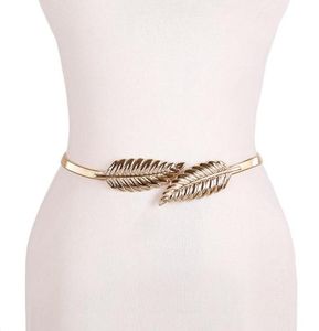 Riemen goud zilverachtige bladvorm bruiloft ontwerper elastiek voor vrouwen meisje stretch magere taille riem Cummerbunds metaal vrouwelijk4659192