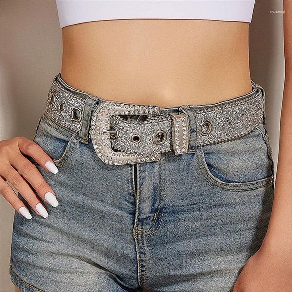 Cinturones Goth Rhinestone Women PU Correa de cuero Western Cowboy Y2K Girls Fashion Belt For Jeans Dropship Unisex