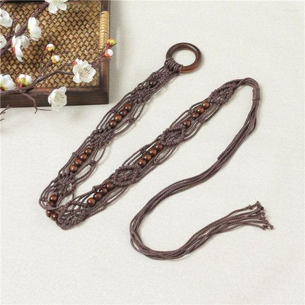 Cinturones tejidos a mano DIY, cuerda de cintura que combina con todo, cuentas bohemias, botón redondo de madera, cadena de mujer, cinturón trenzado de estilo étnico