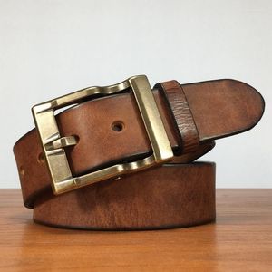 Riemen handgemaakte echte lederen luxe riem mannen hoogwaardige koeienhuid vintage casual jeans zware messing buckle werken