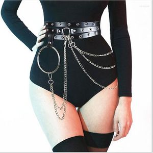 Riemen hatcygg sexy dames pu lederen harnas body bondage punk ketting riem zilver grote ring kousenbanden unisex zwart