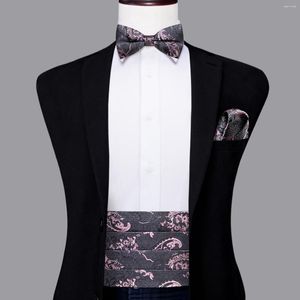 Riemen Hi-Tie Zijde Grijs Roze Heren Cumberbanden Vintage Jacquard Bowtie Hanky Manchetknopen Buikband Riem Korset Voor Mannelijke Bruiloft Evenementen