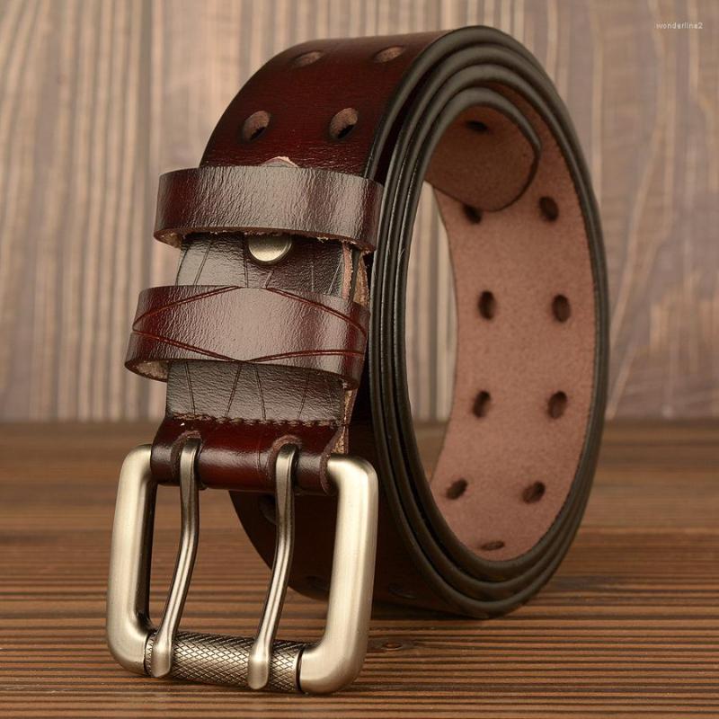 Belts High Quality Alloy Double Pin Buckle Genuine Leat Men's Belt Classic Fashion Leather Personality Men Casual Jeans