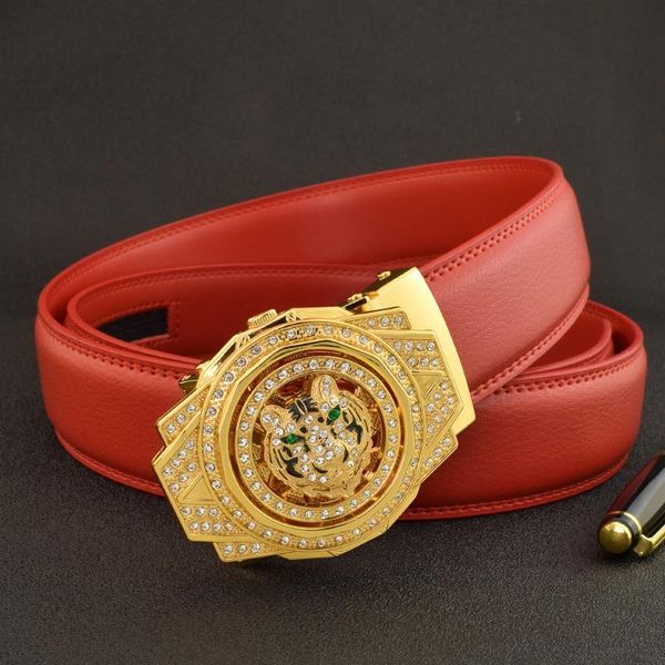 Cinturones de alta calidad Esmeralda giratoria hebilla redonda Tiger Belt Leather Designer Red Men's Fashion Ceinture HommeBelts BeltsBelts