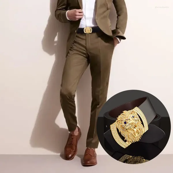 Cinturones de alta calidad Retro León hebilla marca automática cuero genuino hombres moda personalidad cinturón Casual Ceinture Homme