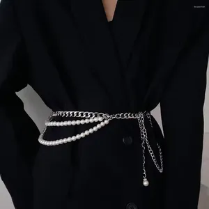 Cinturones de perlas de imitación para mujer, cadena de cintura de doble capa, accesorios de joyería para el cuerpo, colgante de borla, cinturón de Metal, vestido femenino