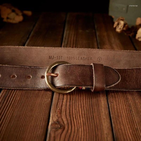 Cinturones Jeans Cinturón Hecho a mano Cuero curtido vegetal Anillo de latón Hebilla para trabajo casual Cintura de vaquero occidental para hombres