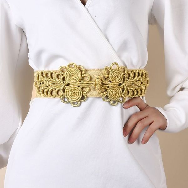 Cinturones Damas Elástico Oro Plata Cinturón Banda Estiramiento Flor Decorativo Ancho Cinturones de cuero para mujeres Moda de alta calidad Bg-924 230715