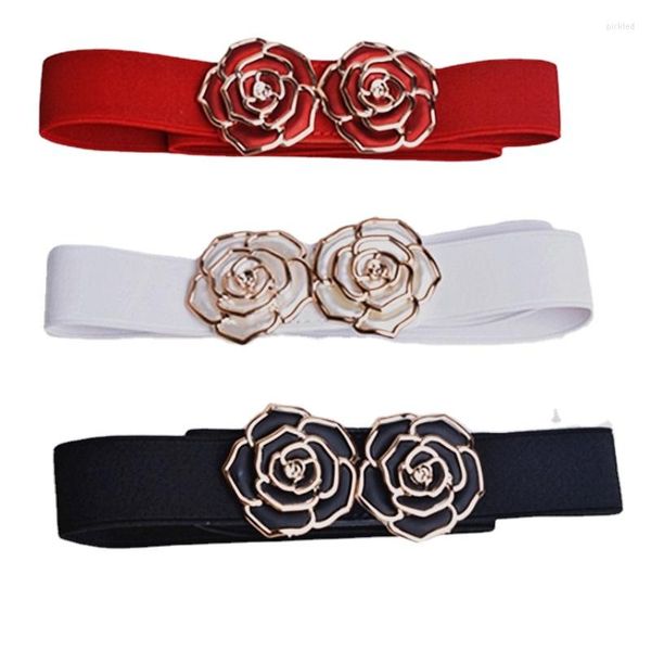 Cinturones para mujer Vestido de cintura elástica Cinturón de moda Hebilla de metal Flor Ancho Blanco Rojo Negro Mujer para mujer Cinturones rojos de lujo