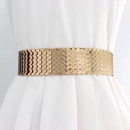 Riemen dames metaal elastische gordel glanzende cummerbund vrouwen visschaal vorm taille riem goud zilveren taillebanden kleding jas feestje sieraden