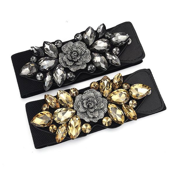 Ceintures dames large ceinture accessoire chaîne de taille élastique Vintage fleur décorative strass ceinture en gros goutte