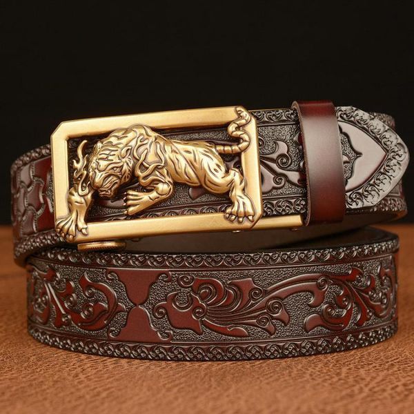Cinturones Diseñador de lujo Tigre Hebilla automática Cinturón para hombres Real Cuero de vaca Personalizado Tallado Casual Retro Zodiaco de los hombres