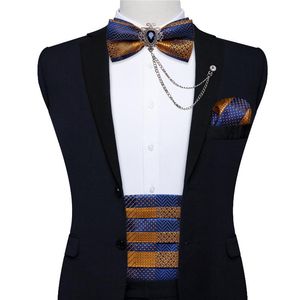 Riemen heren Cummerbunds oranje blauw gestreepte zijden vlinderdas set pocket square broche ketting trouwfeest smoking tuxedo dibangubelts