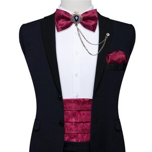 Belts Men's Cummerbunds Silk Paisley Red Tuxedo Bow Tie Packen Square broche set mannen trouwfeest tailleband dibangubelts