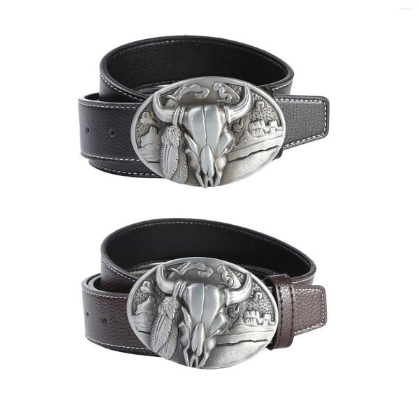 Cinturones Cinturón de cuero de imitación para hombres Cinturón ajustable con hebilla de cabeza de toro Cintura Wild West Cowboy para pantalones Accesorios para pantalones