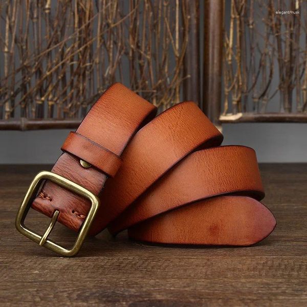 Cinturones Cinturón de cuero de vaca grueso de alta calidad para hombres - Correa masculina de lujo retro con hebilla de cobre y diseño de jeans casuales