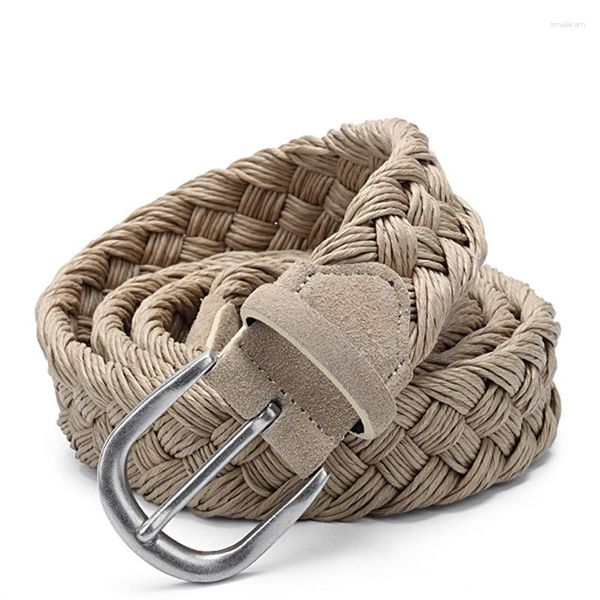 Ceintures hommes en cuir suédé ceinture tricotée avec corde de cire sangle tressée boucle en argent Antique sans trous coton tissage travail manuel Beige