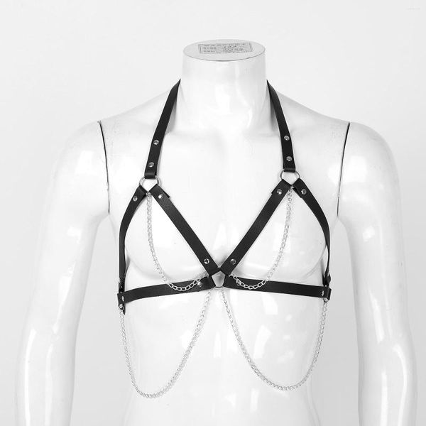 Ceintures hommes corps épaule poitrine boucle de ceinture en cuir PU harnais Gay mâle Punk gothique chaîne en métal licou Cage soutiens-gorge soirées Clubwear