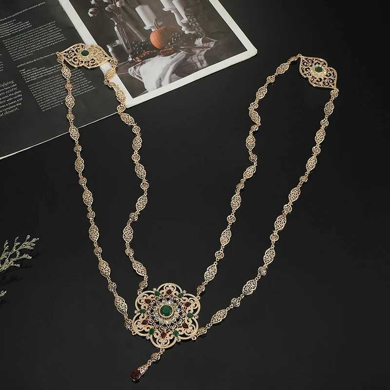 Bälten Morockansk bröllop tillbaka smycken Kvinnor Flower Design Gold Crystal Shoulder Chain Jewelry Kaftan Long Necklace Q240401