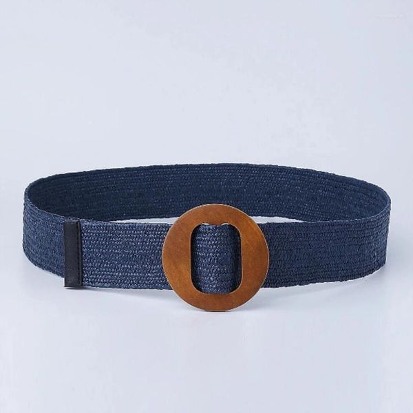 Ceintures CEINTURE EN PAILLE BLEU MARINE avec Boucle Ronde - Taille Élastique Tissée en Bois Pour Femme Robe Tressée Vêtements Acces