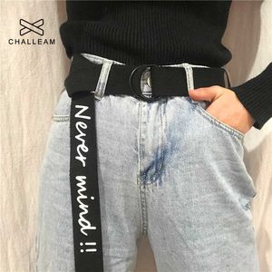 Riemen laat staan ​​canvas riem dames letters gedrukt dubbele d ring buckle unisex mannen punk mannelijke lange harjuku jeans broekbanden 252 z0223