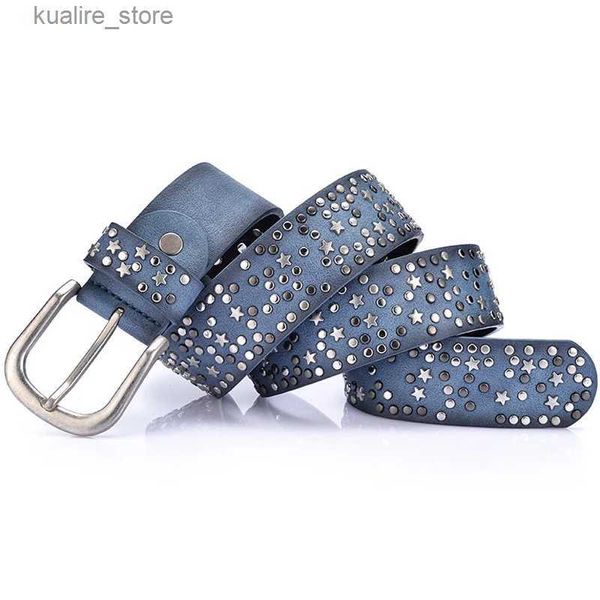 Ceintures Nouvelle mode femmes ceintures Punk Rock Style mâle ceinture pour dame PU cuir paillettes métal boucle large métal étoile perle L240308