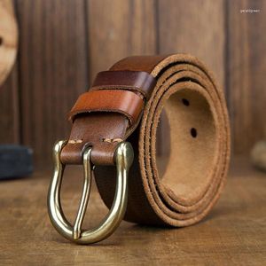Cinturones Cinturón de cuero original para hombres Curtido vegetal hecho a mano con hebilla de latón para jeans casuales de mediana edad y jóvenes