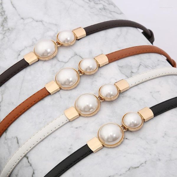 Cinturones Cinturón de hebilla de perla PU Vestido de cuero Falda Cintura Elástica Delgada Mujeres Damas Cintura para marca de diseñador de lujo