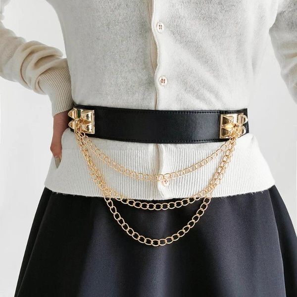 Ceintures Punk Gold Rivet Chain Lady Ceinture Élastique Large Ceinture Taille Noir Slim Cuir