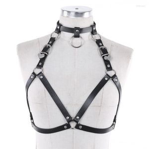 Riemen punk gotisch hart gesp bra top vrouwen beeldhouwen harnas riemen body bondage kooi metaal ring lederen taille riem branden