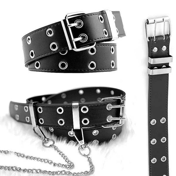 Ceintures Punk PU ceinture en cuir nouvelle mode hip-hop boucle ardillon ceinture réglable noire avec chaîne adaptée aux femmes filles et jeans pour femmes Q240401