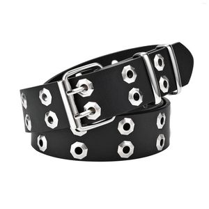 Riemen punkstijl dubbele rij klinknagel oogje pin belt riem vrouwen mode casual brede pu lederen jeans broek broek tailleband accessoire