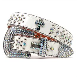 Cinturones Punk White Rhinestone Cinturones Mujeres Diseñador Correa de cuero Diamond Bling Western Cowboy Y2K E Girls Cinturón de moda para jeans Hombres 231201