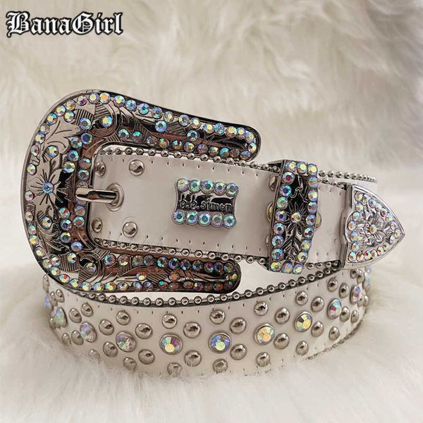 Cinturones Punk White Rhinestone Cinturones Mujeres Diseñador Correa de cuero Diamond Bing Belt Western Cowboy Y2K E Girls Cinturón de moda para jeans Hombres G230207