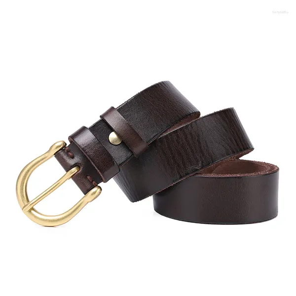 Cinturones de piel de vaca pura para hombre, cinturón con hebilla de cobre de 3,8 cm de ancho, cuero genuino, Simple, Retro, informal, para jóvenes, vaqueros de lujo